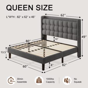 Einhomn Queen Bed Frame, Upholstered Platform Bed Frame with Charging Station, Modern Wingback Storage Headboard, Solid Wood Slats Support, No Box Spring Needed, Dark Grey