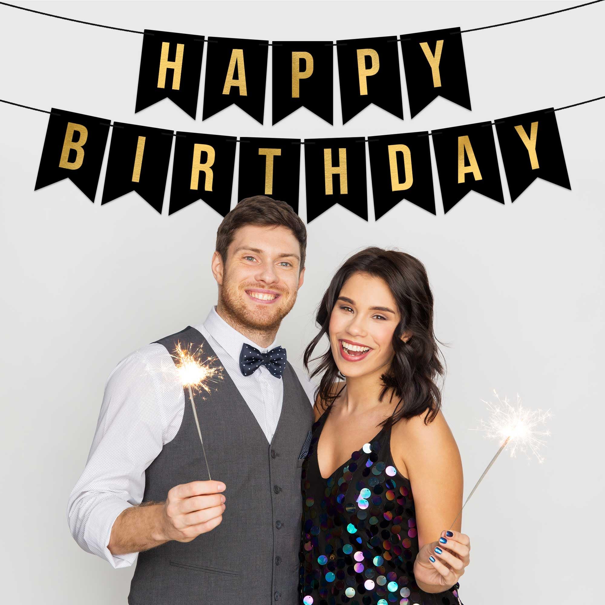 Pre-Strung Happy Birthday Banner - NO DIY - Black Birthday Party Banner With Gold Letters - Pre-Strung on 8 ft Strands - Black Birthday Party Decorations & Decor for Men & Women. Did we mention no DIY?