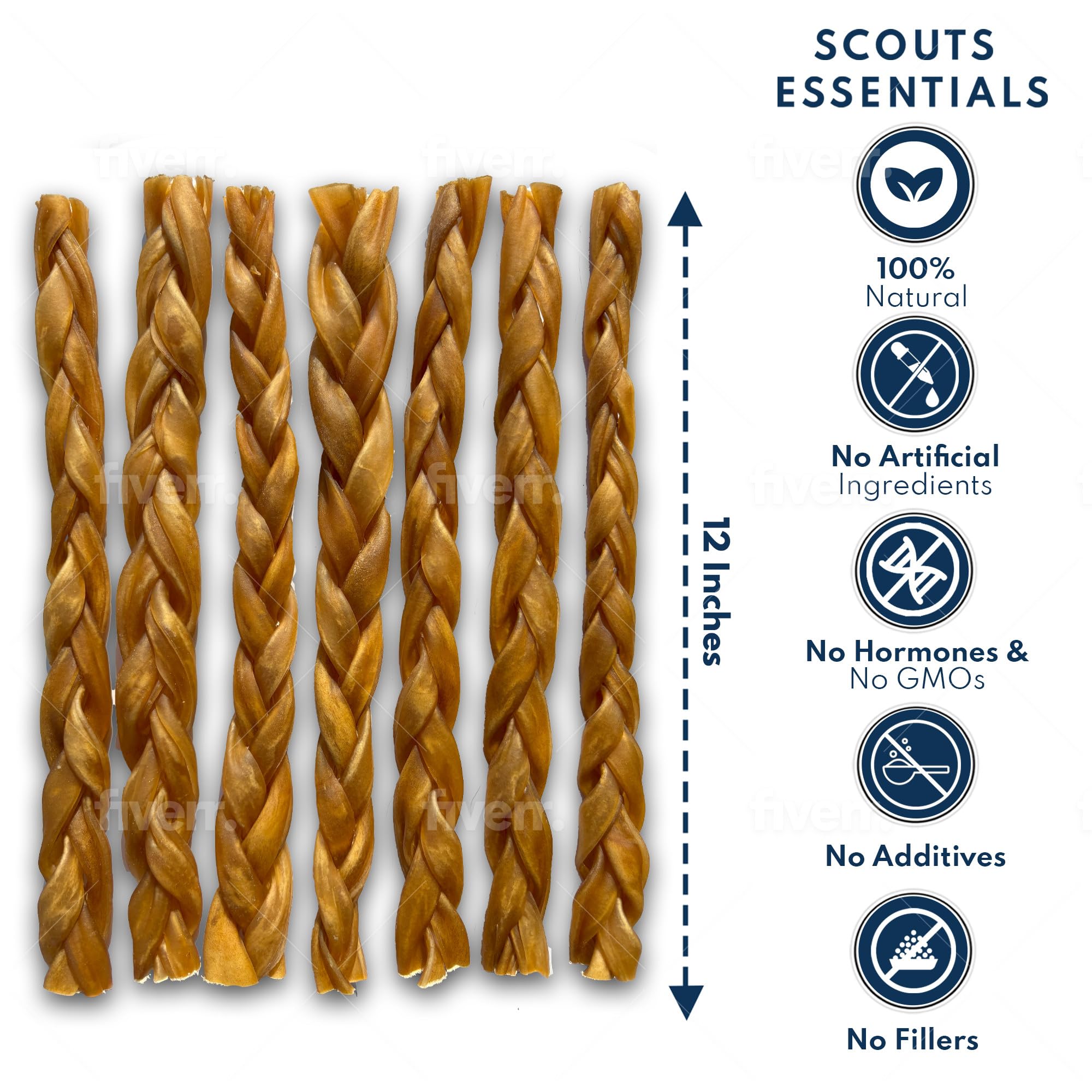 Scouts Essentials - 12” Premium Braided Collagen Chews 1 Pound 100% Natural Pure Grass-Fed Beef Single Source Treat Long Lasting Aggressive Dog Chewers Medium Large Dogs Muscle Growth