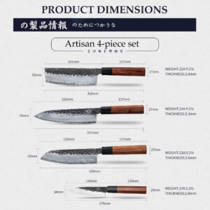 MITSUMOTO SAKARI Japanese Chef's Knife Set 4 Pcs, Professional Hand Forged Kitchen Chef Knife Set, High Carbon Ultra Sharp Cooking Chefs Knife Set (Rosewood Handle & Sandalwood Box)