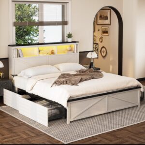 vabches white queen size bed frame with 3-tier storage headboard, metal platform bed frame with charging station, led lights, 4 storage drawers, heavy duty metal slats noise-free/no box spring needed