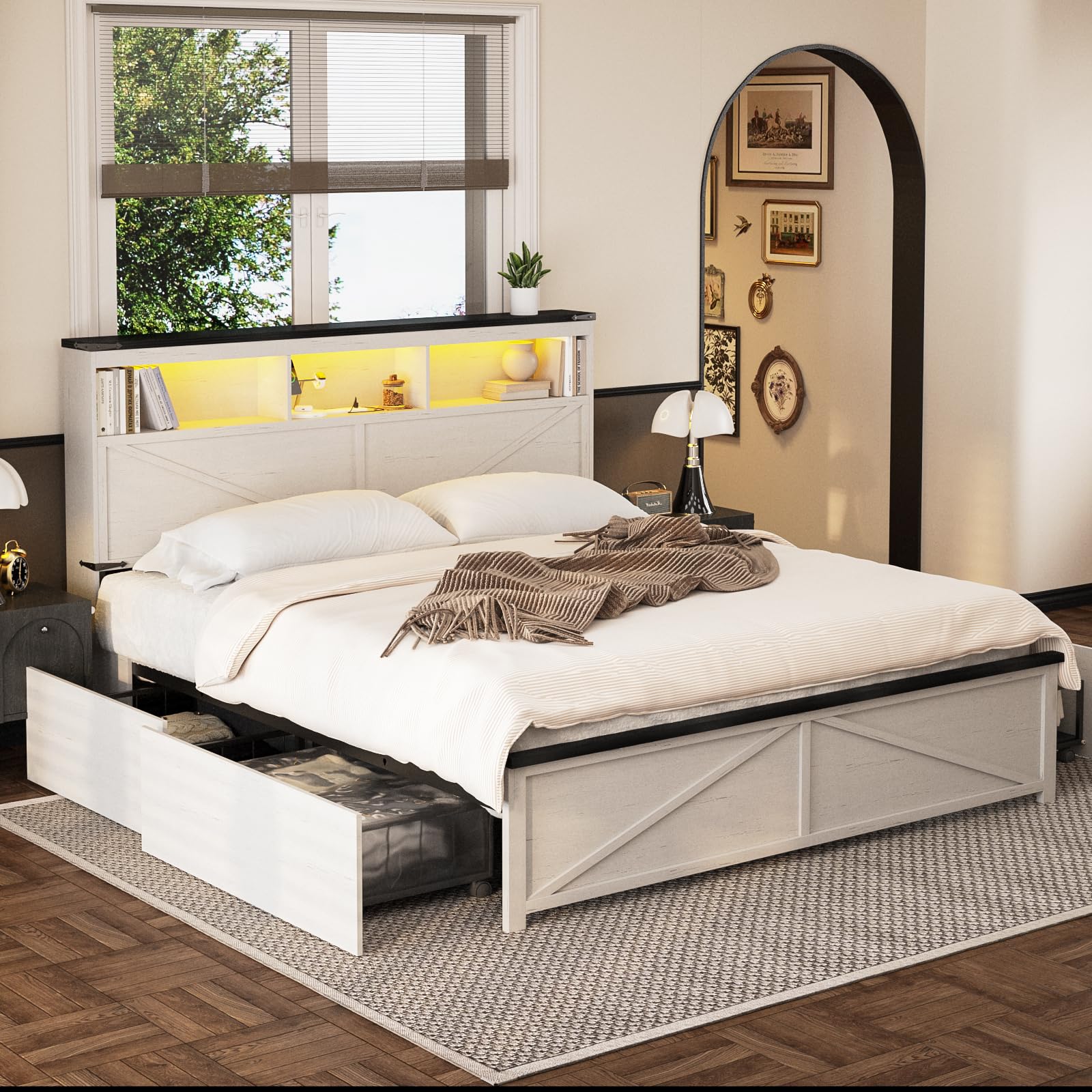 Vabches White Queen Size Bed Frame with 3-Tier Storage Headboard, Metal Platform Bed Frame with Charging Station, LED Lights, 4 Storage Drawers, Heavy Duty Metal Slats Noise-Free/No Box Spring Needed