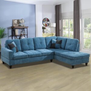 SumKea L-Shaped Sectional Sofa Set, Linnen 5-seat Couches with Pillows, Right Facing Chaise for Living Room, Apartment, Office, Blue