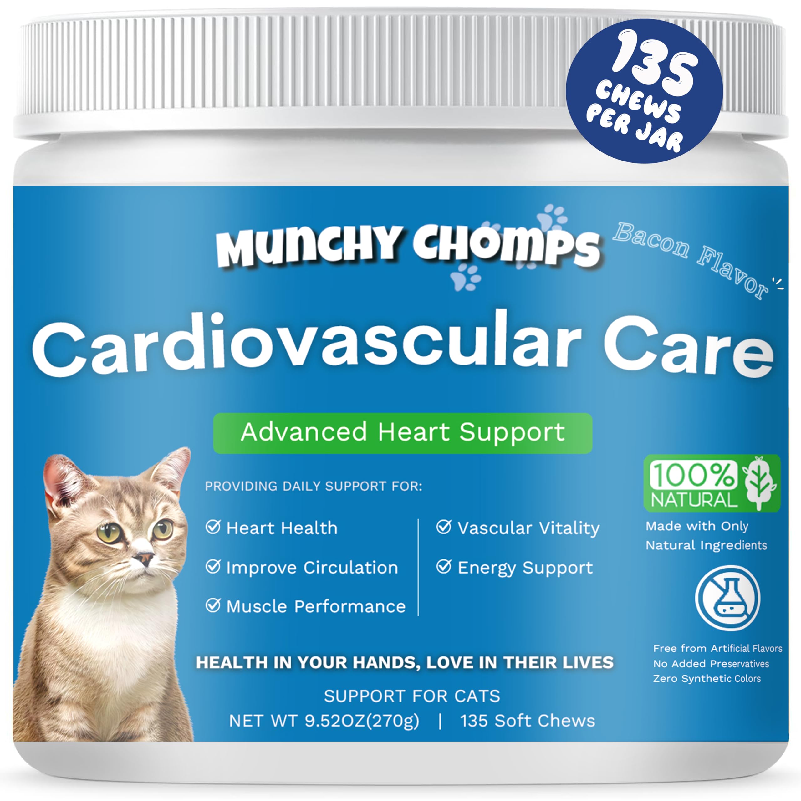 Munchy Chomps Cardio Chews for Cats - Advanced Cardiovascular Care - Heart Health & Circulation Support with Salmon Oil, Taurine, CoQ10 & More - Feline Supplement for Optimal Cardiac Function (Bacon)