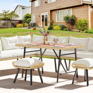 YITAHOME Outdoor Patio Wicker Conversation Furniture Set with Plastic Wood Dining Table, All-Weather Rattan Outdoor Sectional Sofa Set for Backyard Deck with Convient Ottomans, Light Brown+Beige