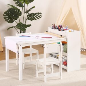 hobbyfield kids art table with 2 chairs, toddler craft play wood activity desk with large storage shelves,wood activity desk for writing drawing suitable for nursery & classroom