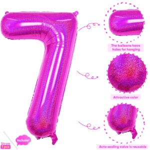 Hot Pink 7 Balloon, 40 Inch Large Laser Hot Pink Foil Helium Number Balloons 0-9 for Girls Women, Giant Self Inflating Mylar Hot Pink Number 7 Balloons for Baby Shower Princess Birthday Anniversary