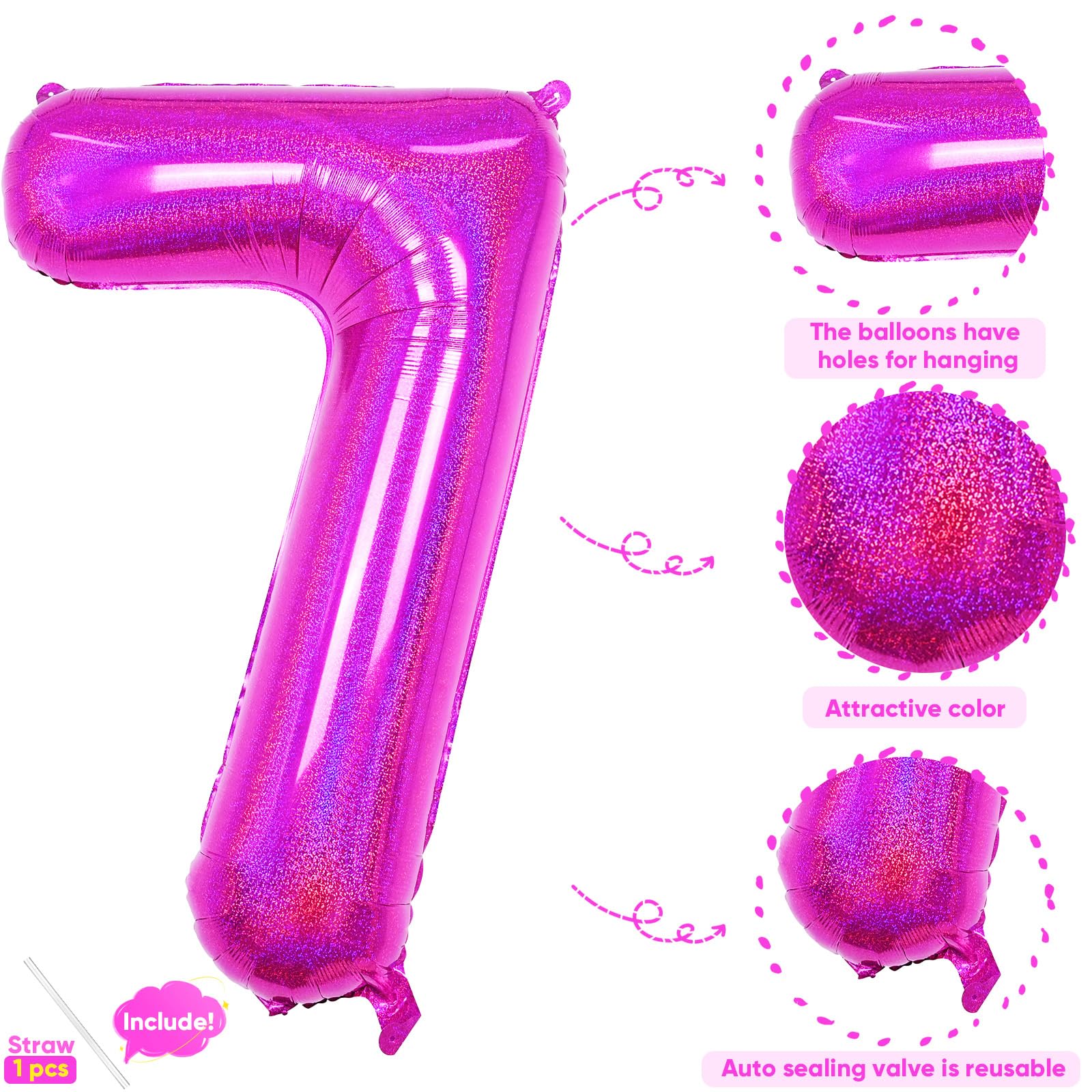 Hot Pink 7 Balloon, 40 Inch Large Laser Hot Pink Foil Helium Number Balloons 0-9 for Girls Women, Giant Self Inflating Mylar Hot Pink Number 7 Balloons for Baby Shower Princess Birthday Anniversary