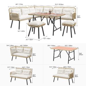 YITAHOME Outdoor Patio Wicker Conversation Furniture Set with Plastic Wood Dining Table, All-Weather Rattan Outdoor Sectional Sofa Set for Backyard Deck with Convient Ottomans, Light Brown+Beige