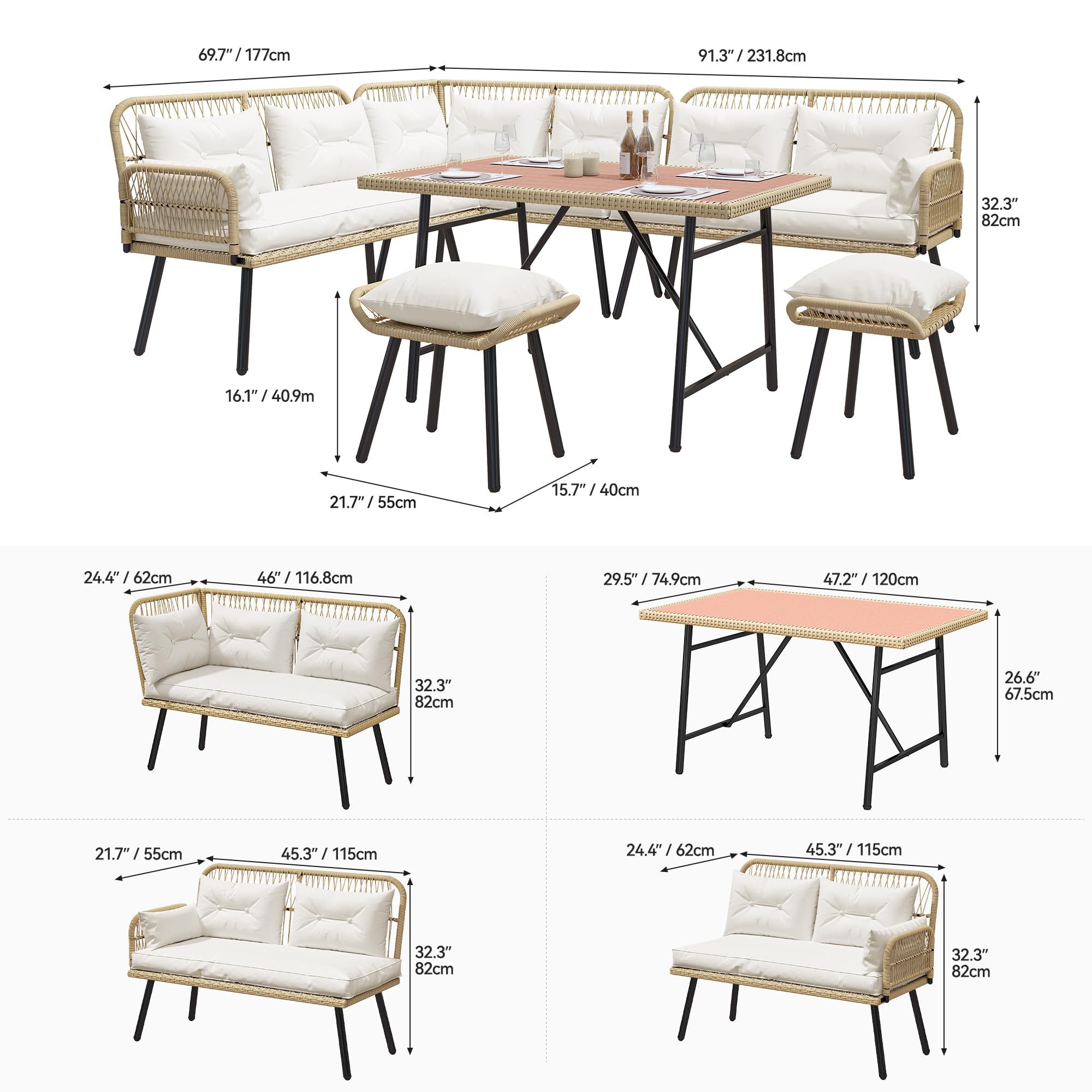 YITAHOME Outdoor Patio Wicker Conversation Furniture Set with Plastic Wood Dining Table, All-Weather Rattan Outdoor Sectional Sofa Set for Backyard Deck with Convient Ottomans, Light Brown+Beige