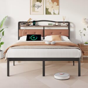 uomeur queen bed frames,queen bed frame with headboard & charging station,black bed frame queen size no box spring needed,metal queen bed frames for kids,boys,girls,adult,easy assembly and noise free