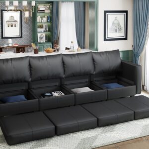 EASE MOOSE Modular Sectional Couch with Storage Seats, 4 Seat Faux Leather Convertible Modular Sofa Sectional Sofa Couch with Reversible Chaises for Small Spaces