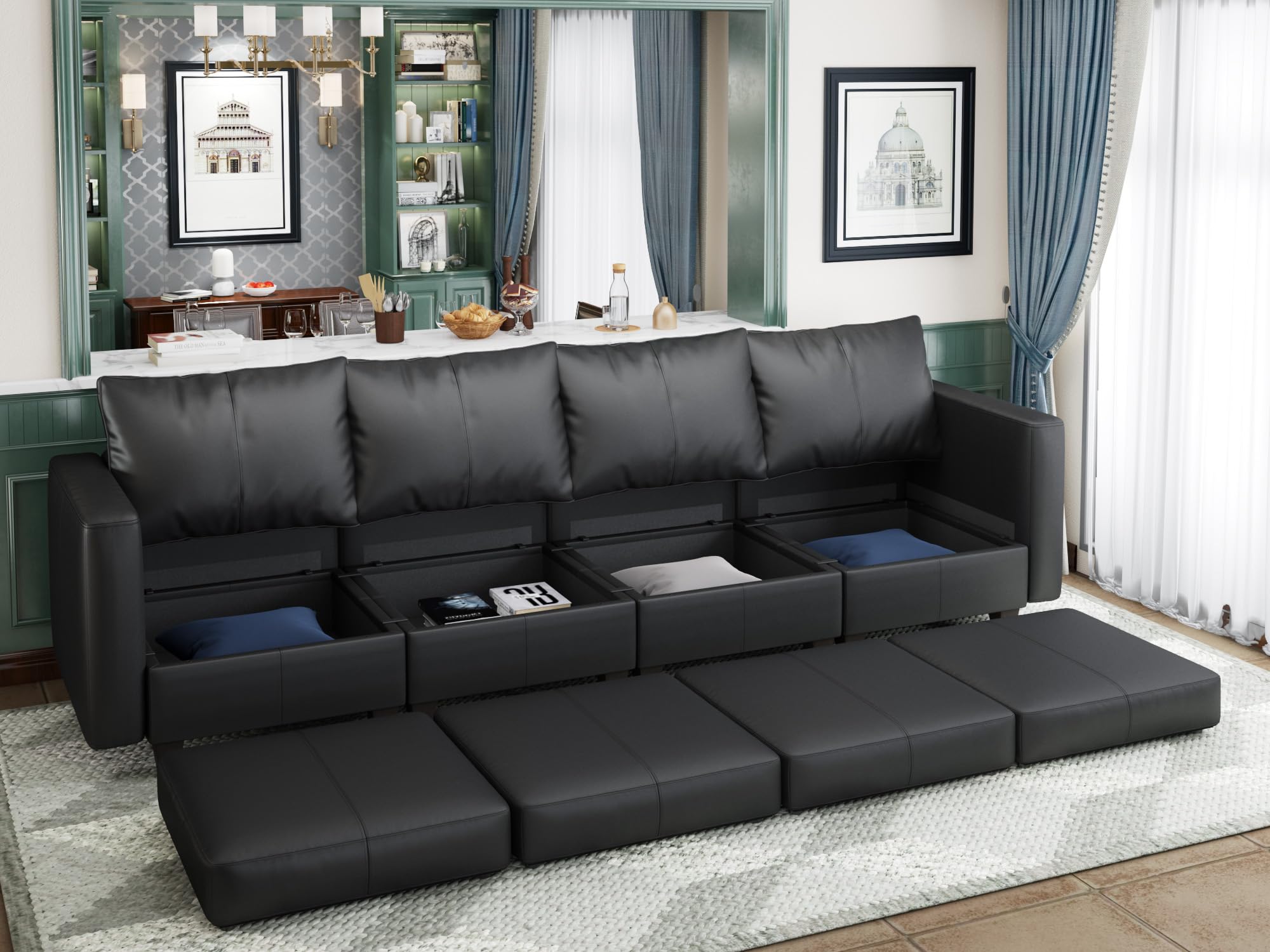 EASE MOOSE Modular Sectional Couch with Storage Seats, 4 Seat Faux Leather Convertible Modular Sofa Sectional Sofa Couch with Reversible Chaises for Small Spaces