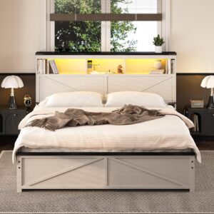 Vabches White Queen Size Bed Frame with 3-Tier Storage Headboard, Metal Platform Bed Frame with Charging Station, LED Lights, 4 Storage Drawers, Heavy Duty Metal Slats Noise-Free/No Box Spring Needed