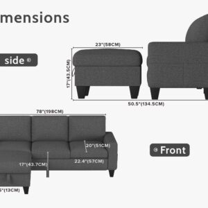 Woyomeub Sectional Sofa Couches for Living Room: Convertible L Shaped Couch with Storage Ottoman - Grey Small 3 Seater Sofas Furniture Set for Small Space