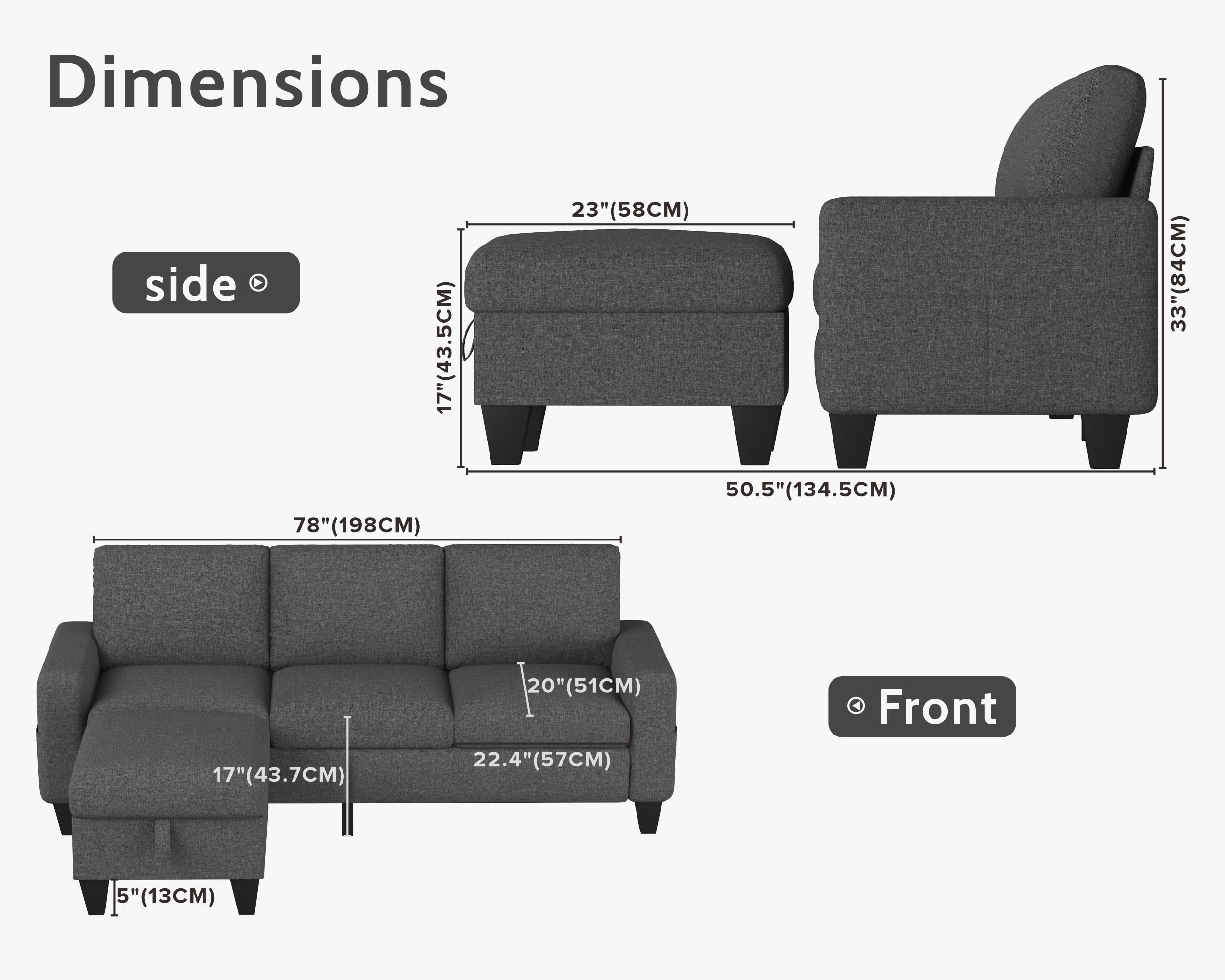 Woyomeub Sectional Sofa Couches for Living Room: Convertible L Shaped Couch with Storage Ottoman - Grey Small 3 Seater Sofas Furniture Set for Small Space