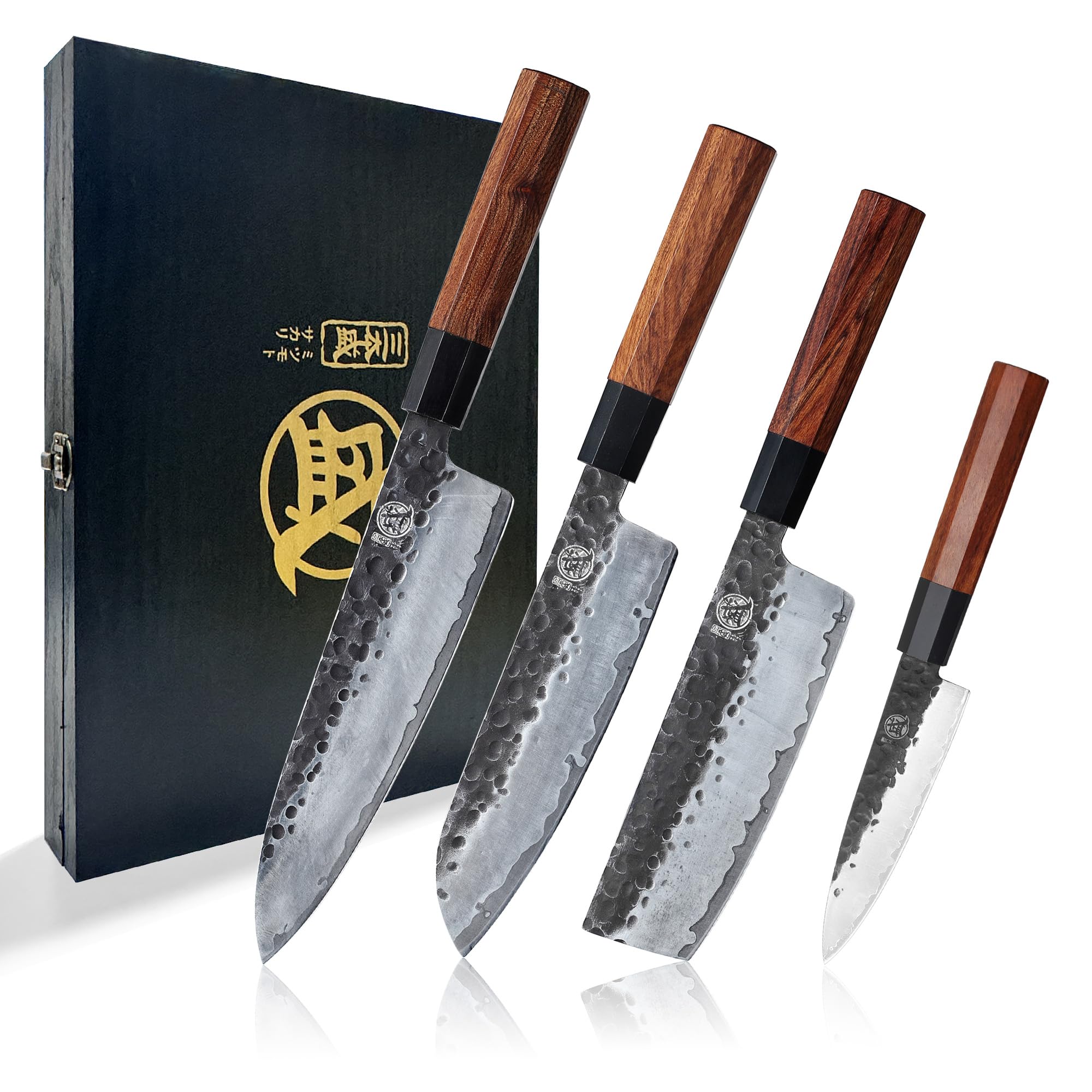 MITSUMOTO SAKARI Japanese Chef's Knife Set 4 Pcs, Professional Hand Forged Kitchen Chef Knife Set, High Carbon Ultra Sharp Cooking Chefs Knife Set (Rosewood Handle & Sandalwood Box)