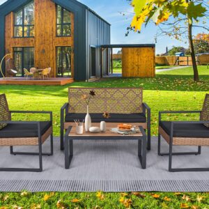 VOTSMOKK 4 Pieces Patio Furniture Set, Outdoor Garden Patio Conversation Sets with Coffee Table, for Backyard, Lawn, Balcony, Outside Patio Table and Chairs Set with Soft Cushions, Black and Brown