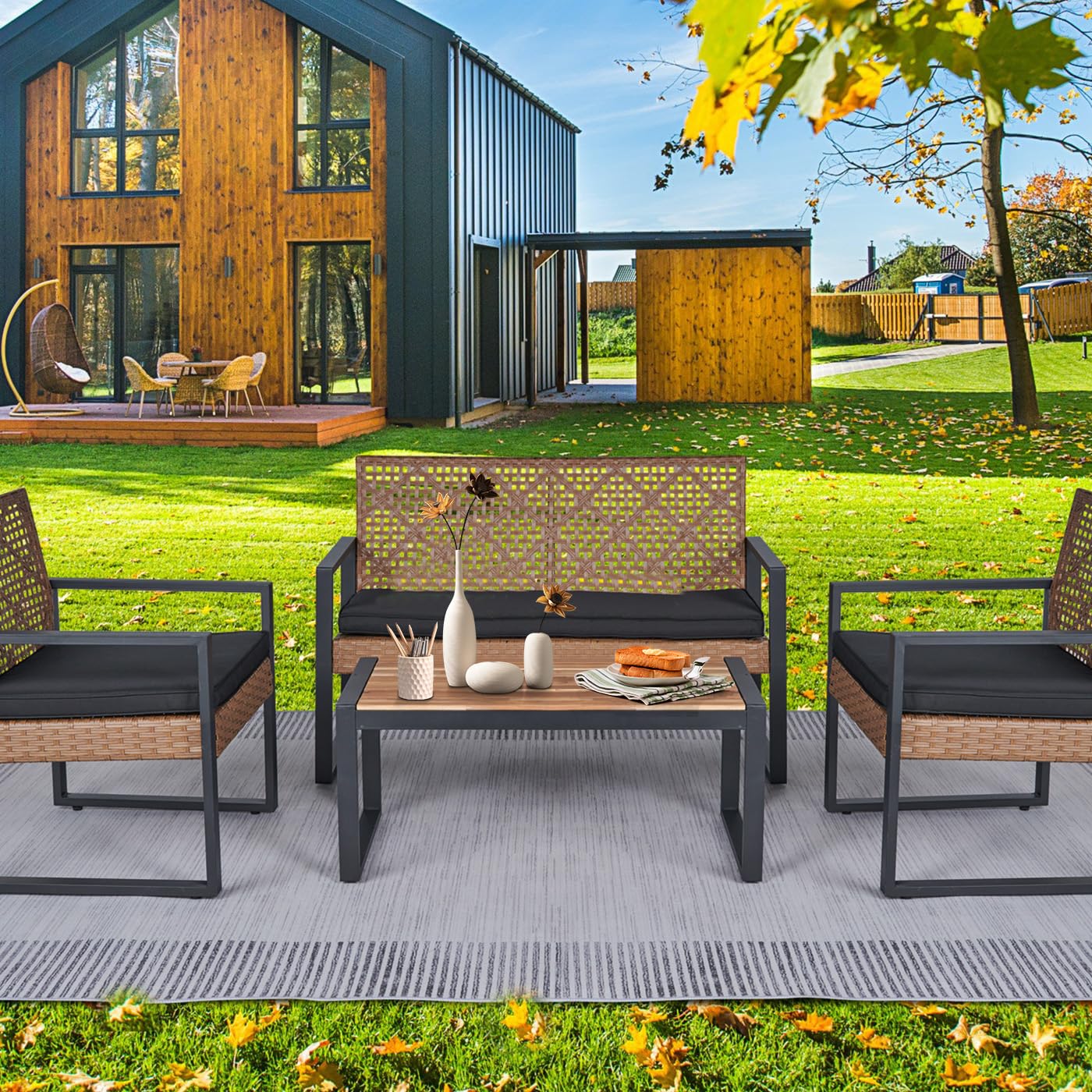 VOTSMOKK 4 Pieces Patio Furniture Set, Outdoor Garden Patio Conversation Sets with Coffee Table, for Backyard, Lawn, Balcony, Outside Patio Table and Chairs Set with Soft Cushions, Black and Brown