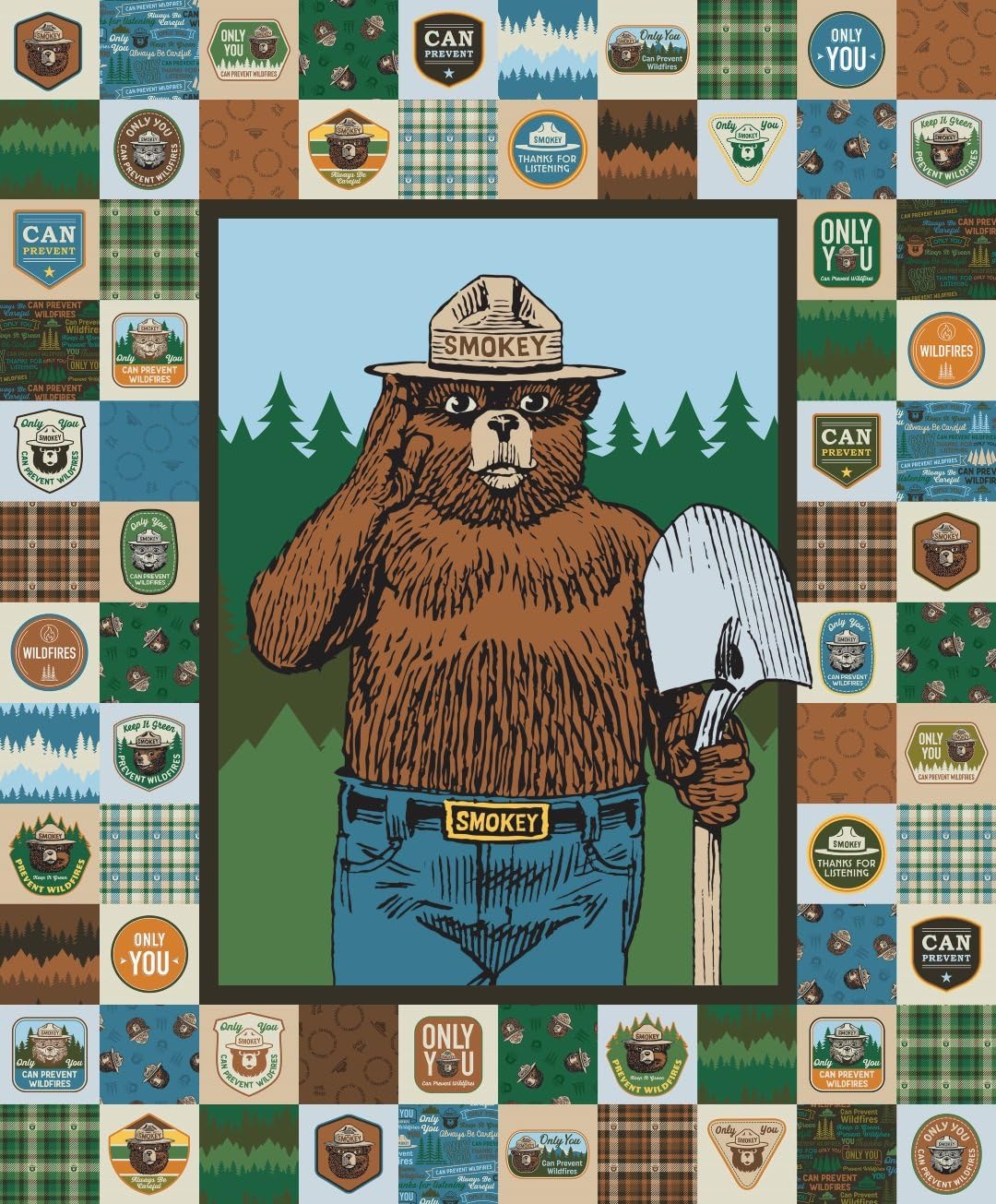 Riley Blake 36"" X 44"" Panel Smokey Bear Only You Wildfire Prevention Ranger Only You Can Prevent Forest Fires Wildfires Camping Cotton Fabric Panel (P14646-PANEL)