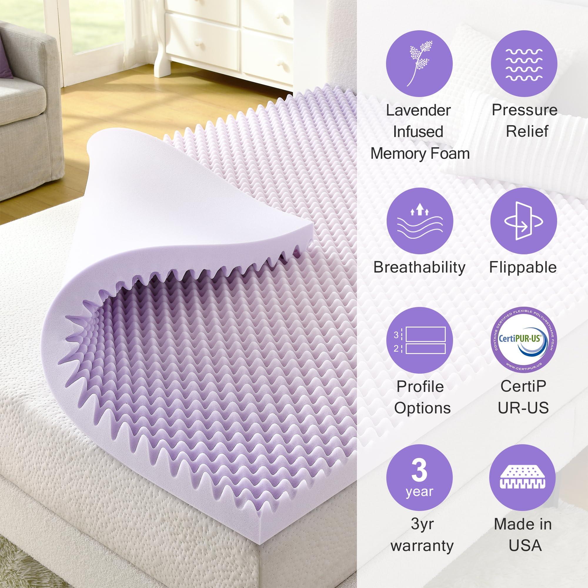 NAP&SLEEP Lavender Infused Dual-Sided Mattress Topper - Available in Twin, Full, Queen, King Sizes, 2" or 3" Thickness, Made in USA, Convoluted & Flat Foam, Compressed & Roll Packed (King, 3" Inch)