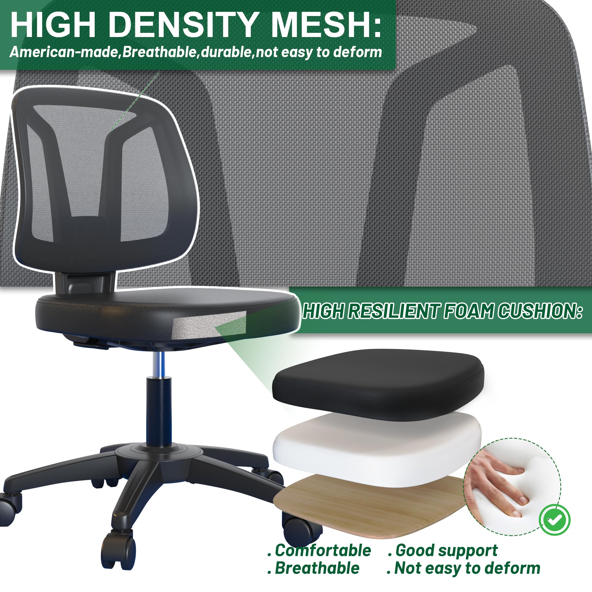 Armless Mesh Small Computer Office Desk Chair for Home with Lumber Support and Adjustable Height for Child and Adult