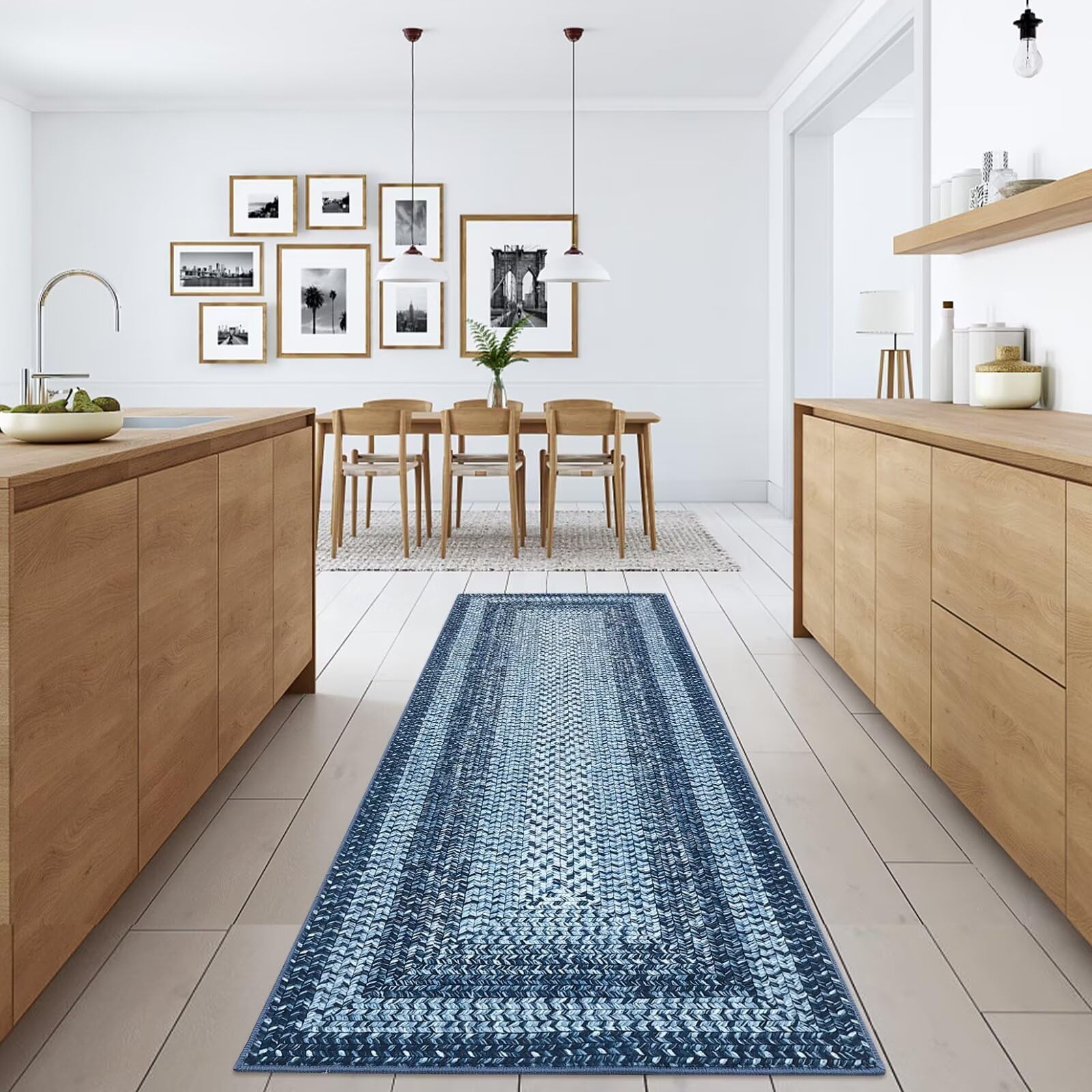 WESTLOOM Braided Area Rug 2x6 Washable Rug Runner Boho Braided Print Entryway Runners Soft Indoor Kitchen Runner Rug Non-Slip Non-Shedding Long Rug for Hallway Laundry Living Room Bedroom Blue