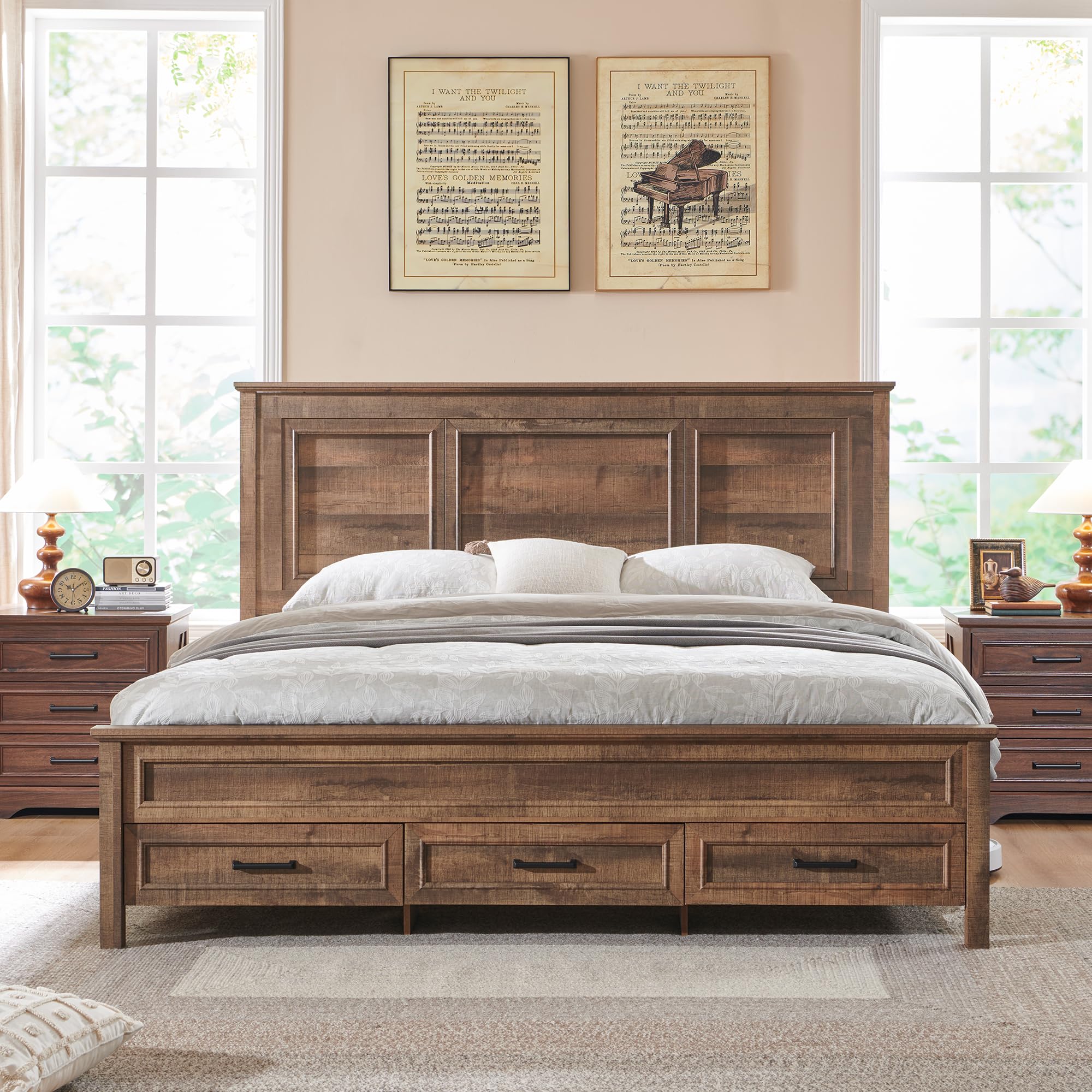 ACCOHOHO Farmhouse Queen Size Bed Frame with 52" Tall Full-Panel Headboard & Footboard, Queen Platform Bedframe with Storage Drawers, Wood Panel Bed Base, No Squeak, No Box Spring Needed, Light Brown