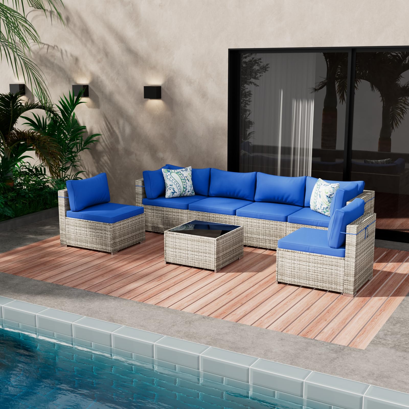 Tradare Patio Furniture Set, 7 Pieces Modular Outdoor Couch, Wicker Patio Sofa Conversation Set with Glass Table and Blue Cushion, All Weather Patio Sectional Furniture Set