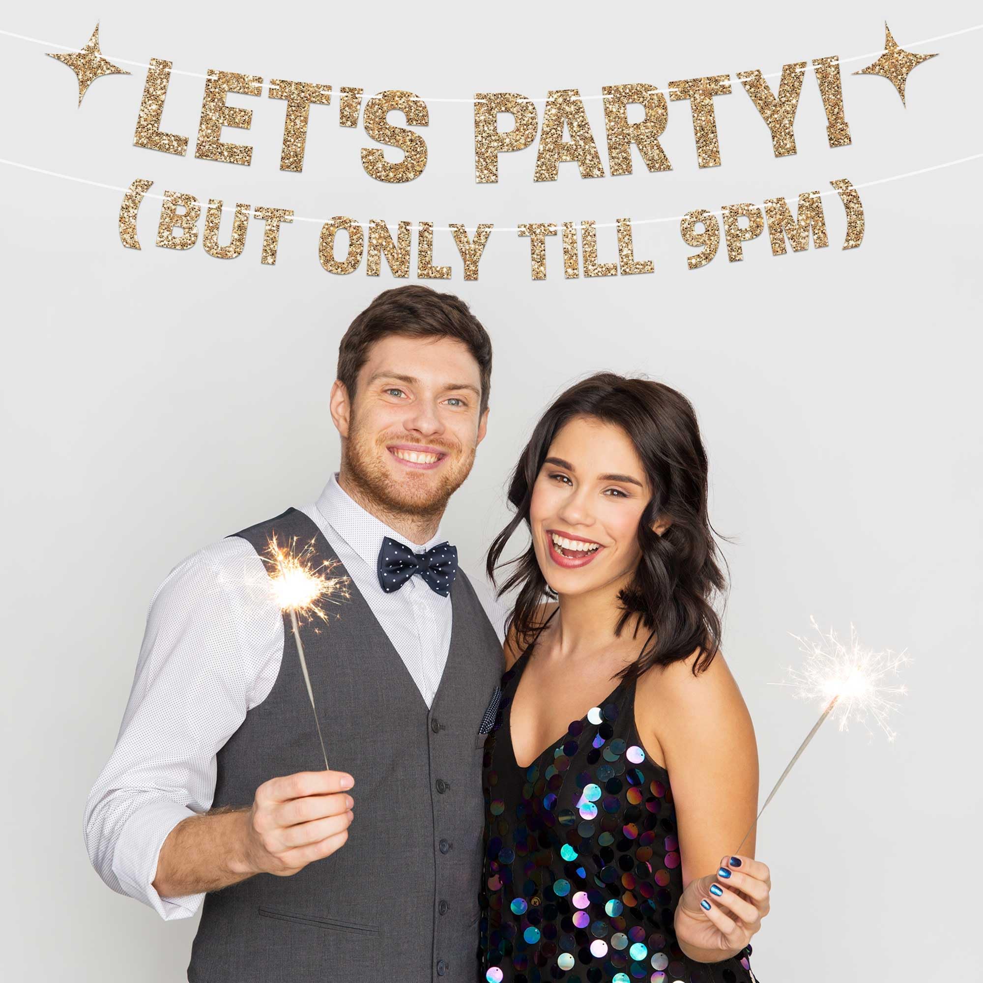 Pre-Strung Let's Party But Only Till 9 PM Banner - NO DIY - Gold Glitter Funny Birthday Party Banner For Men & Women - Pre-Strung on 8 ft Strands - Gold Party Decorations & Decor. Did we mention no DIY?