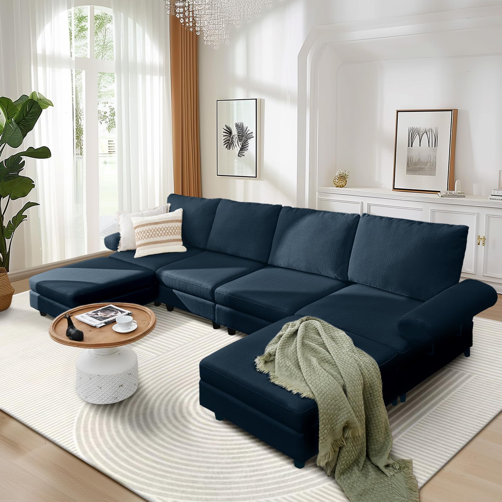 HALLYBEE Sectional Couches for Living Room Breathable Linen Oversized U Shaped Couch Convertible with Storage Modular Sectional Sofa with Ottoman 6 Seats Sectional Sofa Blue