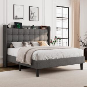 Einhomn Queen Bed Frame, Upholstered Platform Bed Frame with Charging Station, Modern Wingback Storage Headboard, Solid Wood Slats Support, No Box Spring Needed, Dark Grey