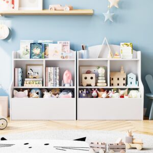 IDEALHOUSE 3-Tier Toy Storage Cabinet and Bookcase, Multi Shelf with Cubby Organizer Cabinet for Toys, for Playroom, Bedroom, Hallway and Kindergarten School (White)