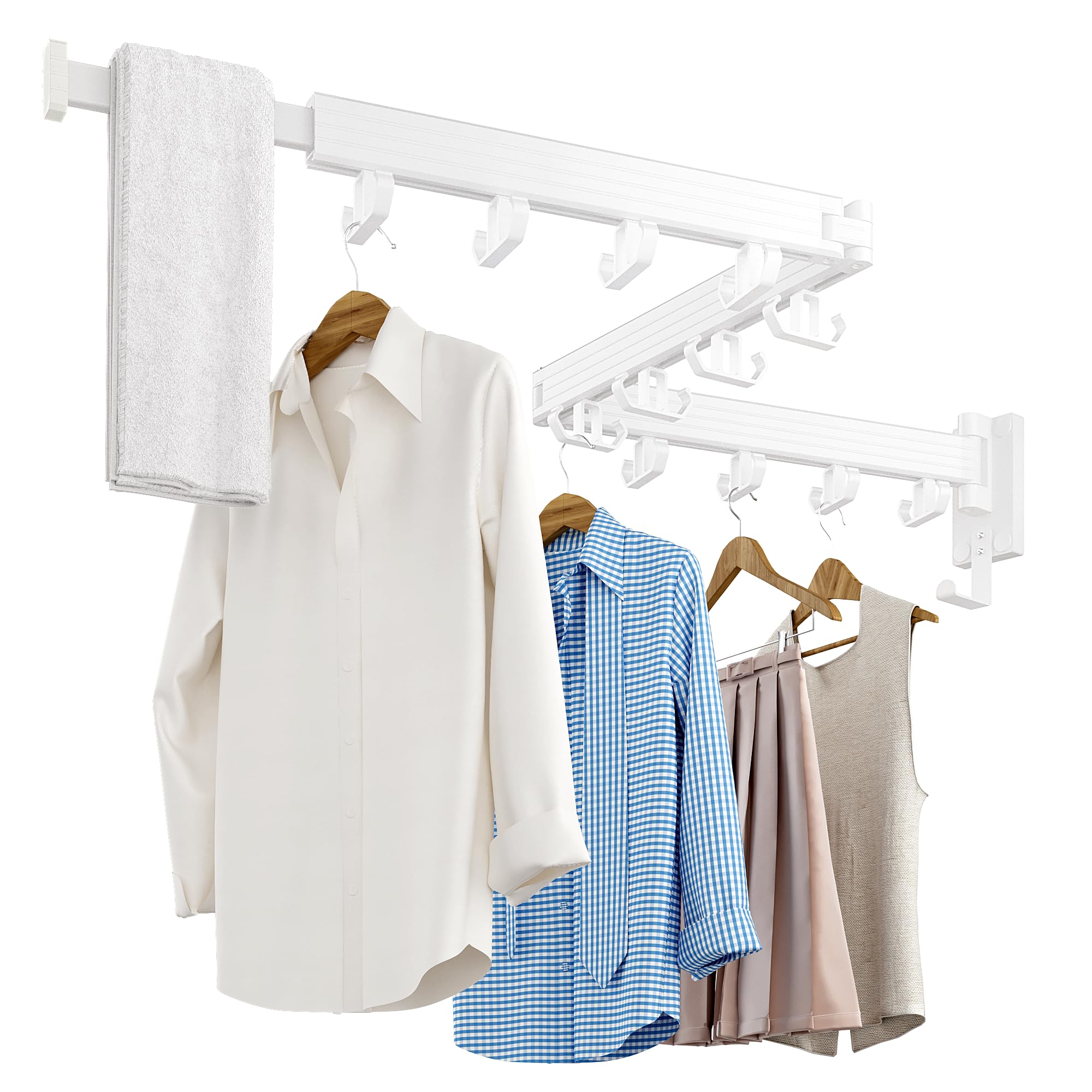 Clothes Drying Rack Wall Mounted, Retractable Drying Racks for Laundry, Foldable Drying Rack With 12 Hooks, Sturdy Tri-Fold Wall Mounted Space Saver for Laundry Room Balcony Bathroom - 49.8", White