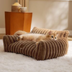 Bedsure Cute Cat Couch for Pets - Fluffy Cat Sofa with Premium Soft Corduroy Fleece, Fuzzy Cat Couch Bed with Removable Washable Cover, Supportive Cat Chair for Indoor Cats, 24inch, Copper Brown