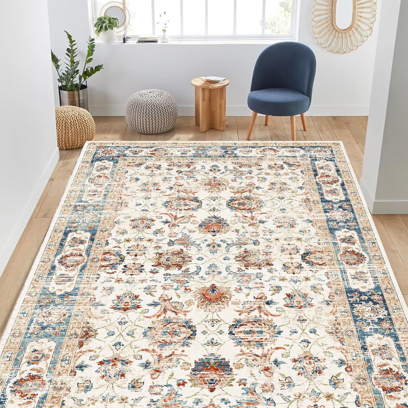 ZCXDSX Area Rug 7x9 Washable Boho Living Room Rug Floral Print Large Rug Indoor Soft Distressed Foldable Carpet Thin Rug Bedroom Dining Room Office Farmhouse 7x9 FT