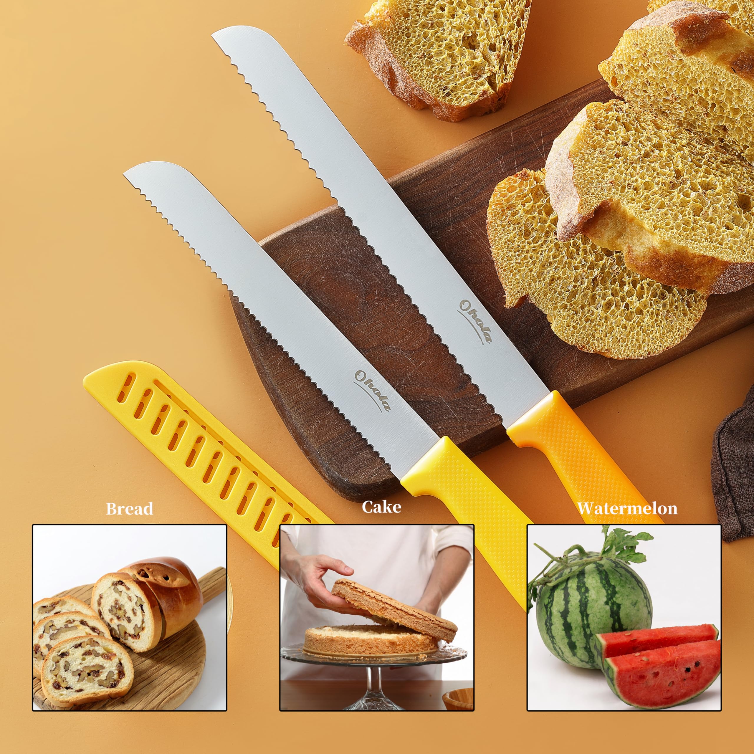 2PCS Bread Knives, Ohola 9 inch Orange Handle Bread Knife & 8 inch Yellow Handle Bread Knife, Serrated Bread Knife Cutter for Slicing Homemade Bread, Bagels, Cake (Matched Knife Sheath Included)