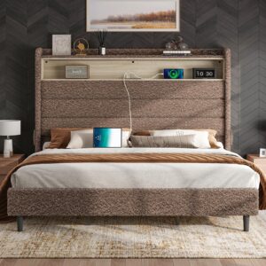 Jocisland Full Bed Frame with LED Lights Charging Station Tall Headboard Upholstered Platform Bed Wingback, No Box Spring Needed, Boucle Khaki