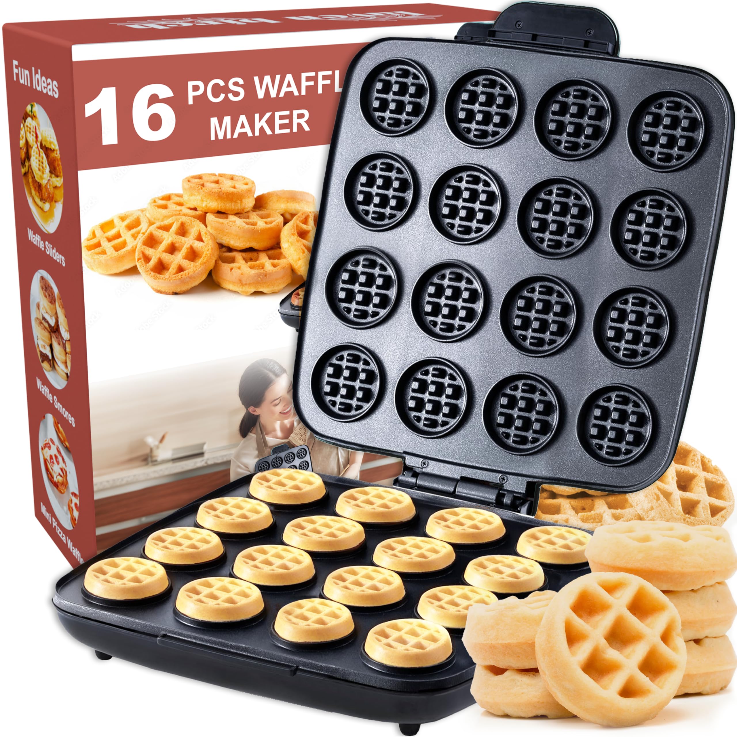 16 PCS Mini Waffle Maker Machine, Nonstick Waffles Iron Quick Heat-Up Surface, Simple & Easy Tiny Chaffle Baker for Home & Restaurants, Small Bites for Kids, Perfect for Breakfast, Desserts & Snacks