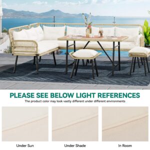 YITAHOME Outdoor Patio Wicker Conversation Furniture Set with Plastic Wood Dining Table, All-Weather Rattan Outdoor Sectional Sofa Set for Backyard Deck with Convient Ottomans, Light Brown+Beige