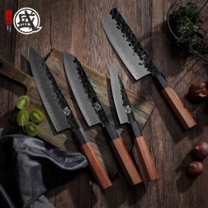 MITSUMOTO SAKARI Japanese Chef's Knife Set 4 Pcs, Professional Hand Forged Kitchen Chef Knife Set, High Carbon Ultra Sharp Cooking Chefs Knife Set (Rosewood Handle & Sandalwood Box)