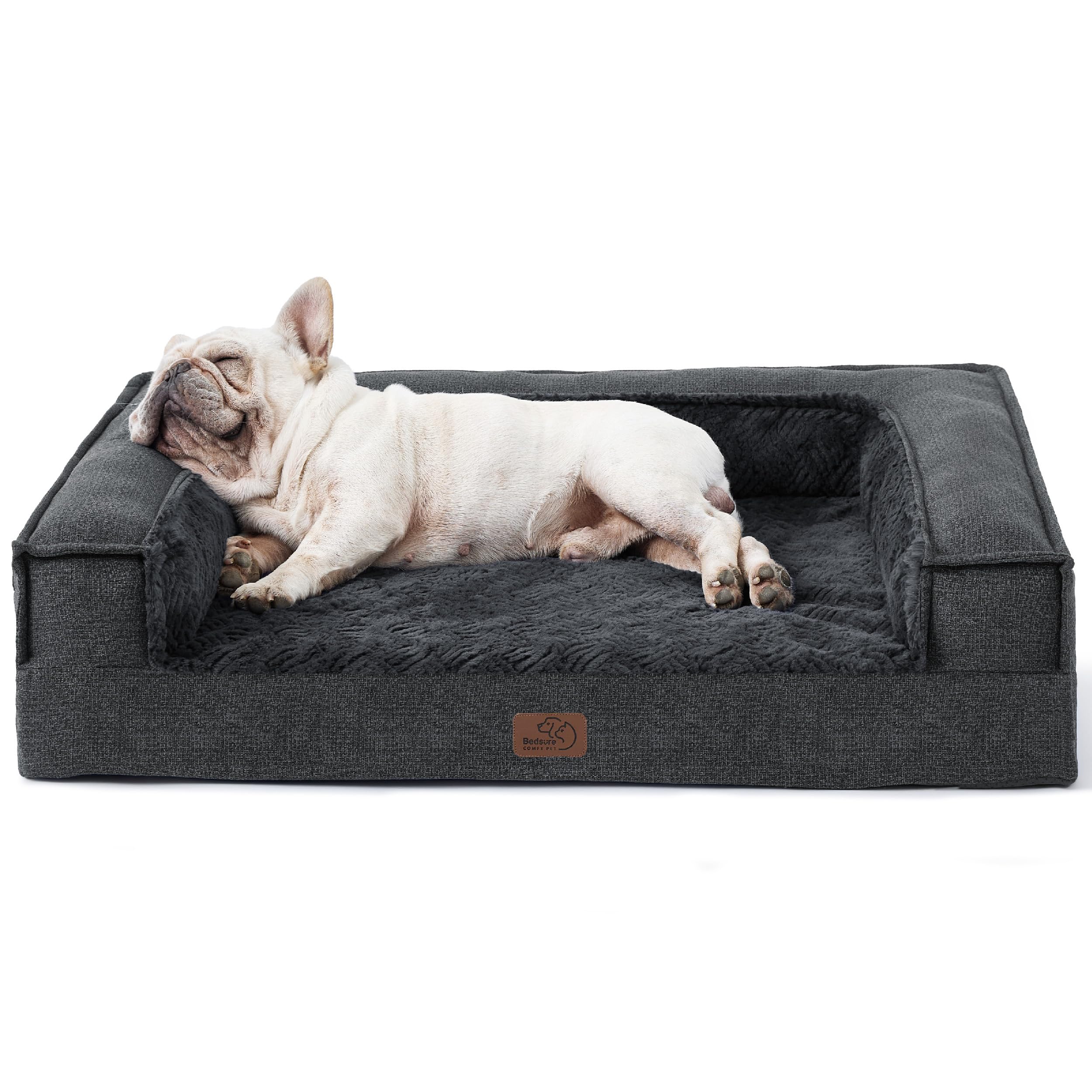 Bedsure Orthopedic Dog Bed for Medium Dogs - Supportive Egg Foam Dog Sofa, Bolster Couch Pet Bed with Removable Waterproof Washable Cover, Comfy Plush Velvet Fluff Surface, Nonskid Bottom, Charcoal