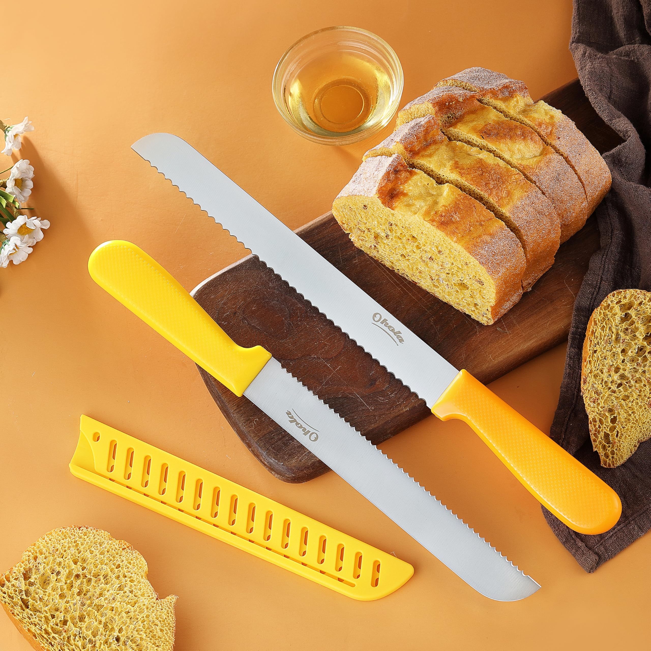 2PCS Bread Knives, Ohola 9 inch Orange Handle Bread Knife & 8 inch Yellow Handle Bread Knife, Serrated Bread Knife Cutter for Slicing Homemade Bread, Bagels, Cake (Matched Knife Sheath Included)