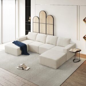 olodumare u shaped minimalist modular sectional sofa sets, modern 6 pcs luxury chenille floor cloud couch, free combination, foam-filled sleeper sofa bed for living room, office, deep seat, beige