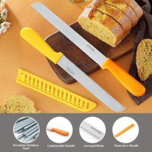 2PCS Bread Knives, Ohola 9 inch Orange Handle Bread Knife & 8 inch Yellow Handle Bread Knife, Serrated Bread Knife Cutter for Slicing Homemade Bread, Bagels, Cake (Matched Knife Sheath Included)