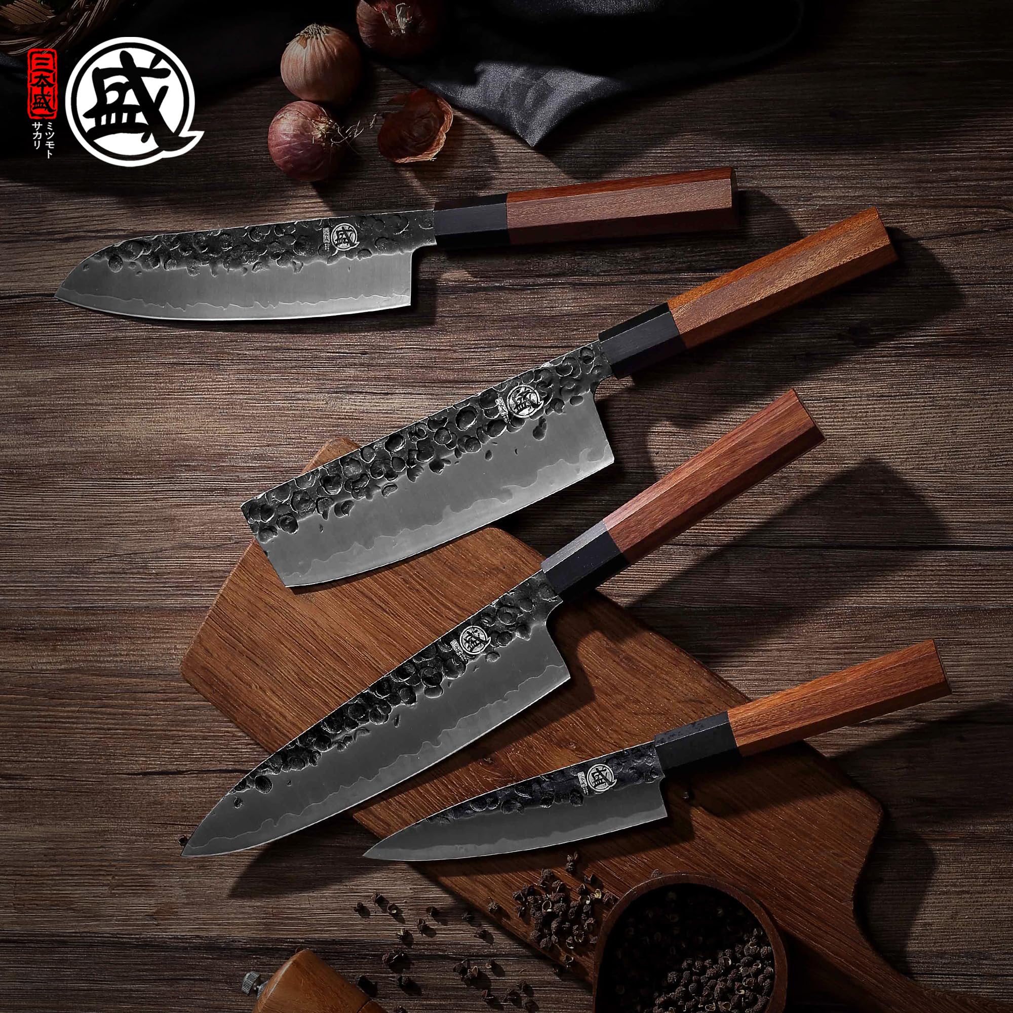 MITSUMOTO SAKARI Japanese Chef's Knife Set 4 Pcs, Professional Hand Forged Kitchen Chef Knife Set, High Carbon Ultra Sharp Cooking Chefs Knife Set (Rosewood Handle & Sandalwood Box)