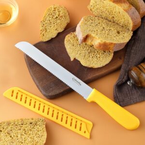 2PCS Bread Knives, Ohola 9 inch Orange Handle Bread Knife & 8 inch Yellow Handle Bread Knife, Serrated Bread Knife Cutter for Slicing Homemade Bread, Bagels, Cake (Matched Knife Sheath Included)