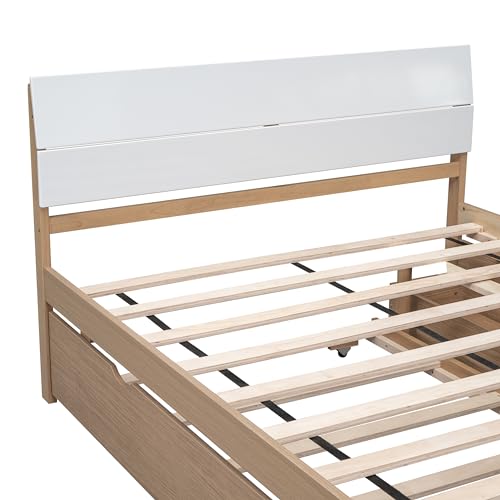 YOPTO Full Size Modern Bed Frame with Twin Size Trundle and 2 Drawers,Wooden Platform Bed W/High Gloss Craft Headboard and Footboard,Easy Assembly,for Bedroom,Apartment,White & Light Oak