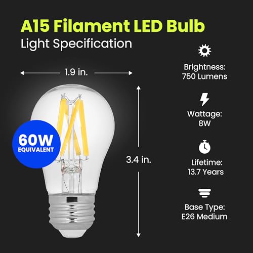 Feit Electric A15 LED Light Filament Bulb, 60W Equivalent, Dimmable, E26 Base, 2700K Soft White, Clear Glass Vintage Edison Light Bulb for Home, Office, 13-Year Lifetime, BPA1560927CAFIL2RP/6, 12 Pack