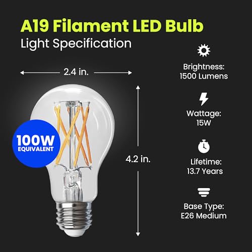 Feit Electric A19 LED Light Filament Bulb, 100W Equivalent, Dimmable, E26 Base, 2700K Soft White, Vintage Edison Clear Glass Light Bulb for Home, Office, 13-Year Lifetime, A100CL927CA/FIL/2/4, 8 Pack